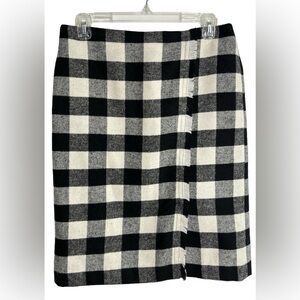 Talbots Size 6 Buffalo Plaid Faux Wrap Skirt Wool Blend Fringe Black White EUC